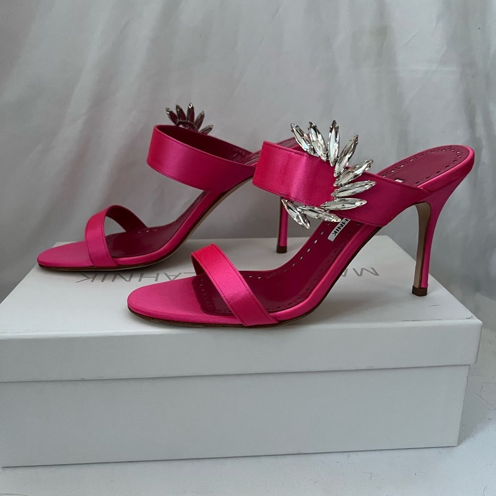 Manolo Blahnik Fuchsia Chivela 90 Satin Heels with Silver Accents size 37.5